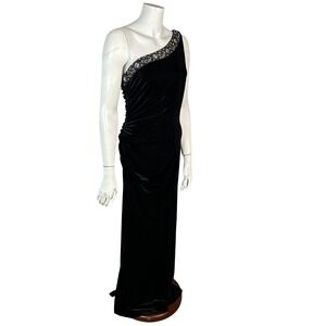 Xscape by Joanna Chen Black Velvet Long Dress Size 12 One Shoulder Beaded Gown